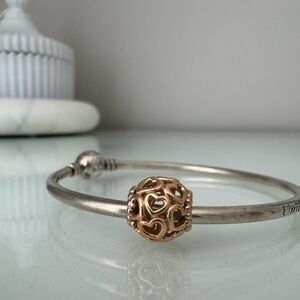 Pandora Rose Gold Hearts All Over Charm & Silver Bangle Bracelet